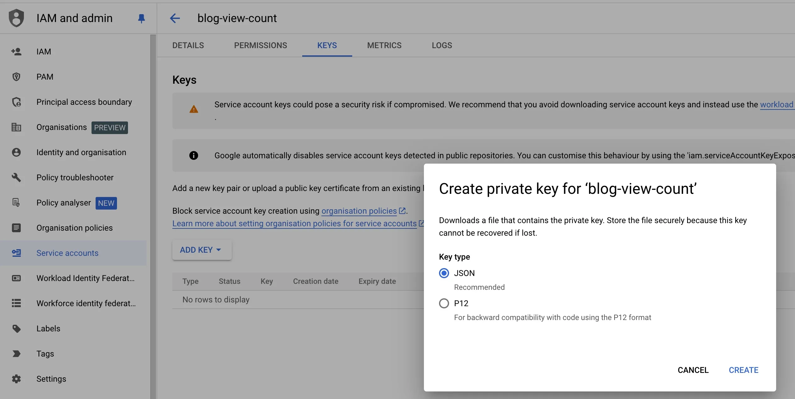 然後將此 Key 以 JSON 形式下載
