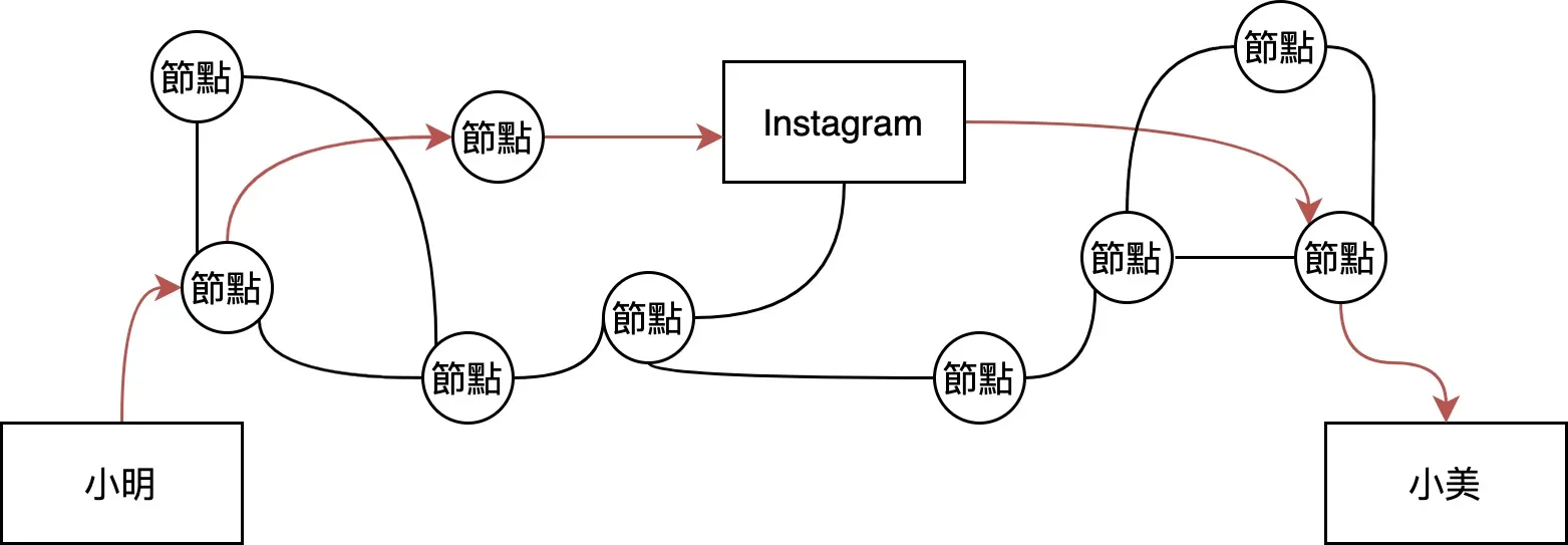 許多節點和路互相交織,但節點(路由器)會幫我們的資料選擇一條路徑(紅色的路徑)