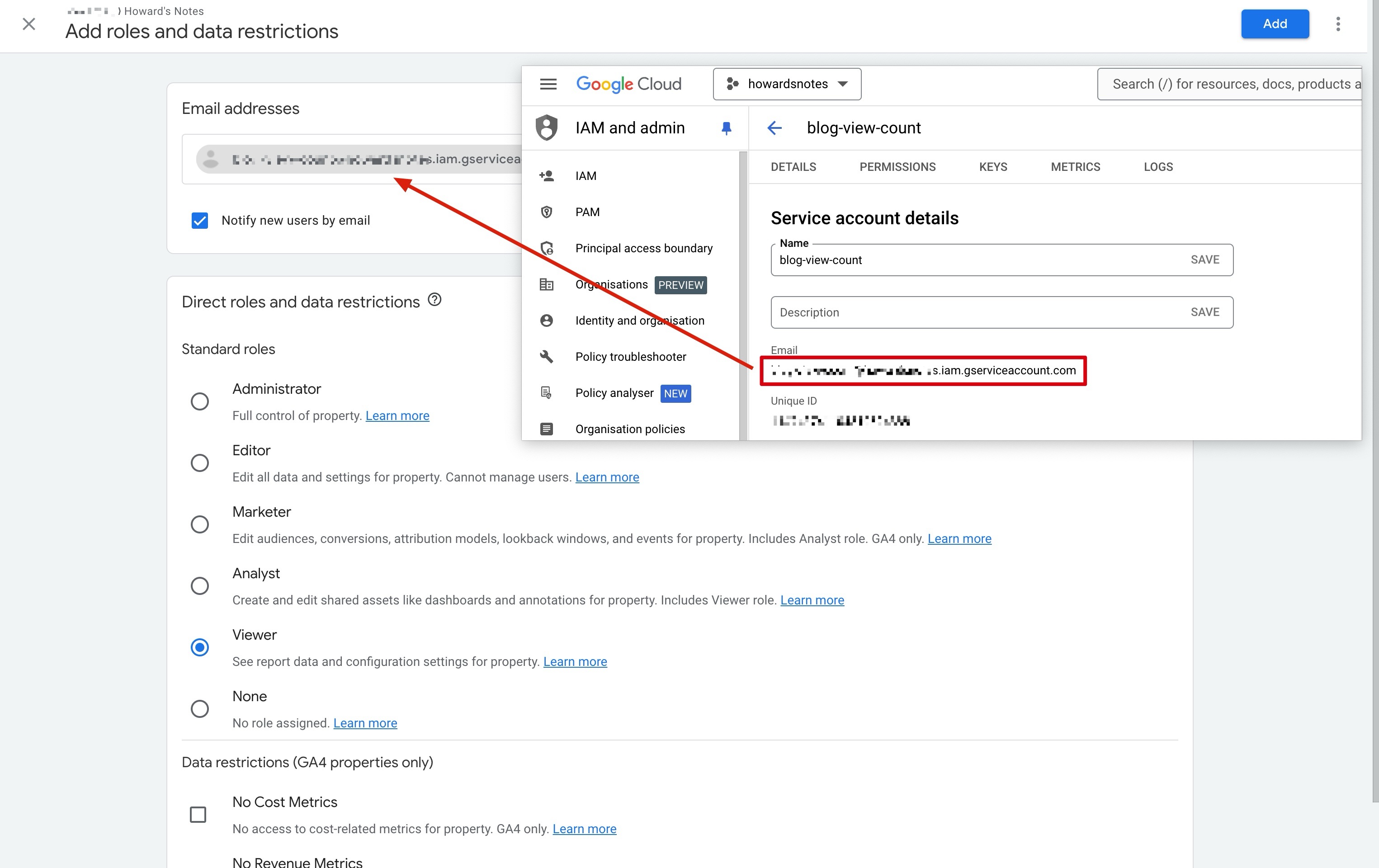 將 Service Account Email 貼入 Google Analytics 建立連結